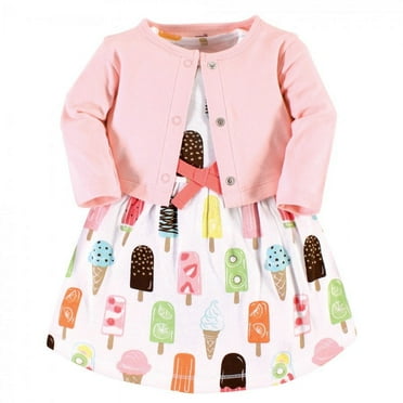 Touched by Nature Baby and Toddler Girl Organic Cotton Dress and Cardigan, Popsicle, 5 Toddler