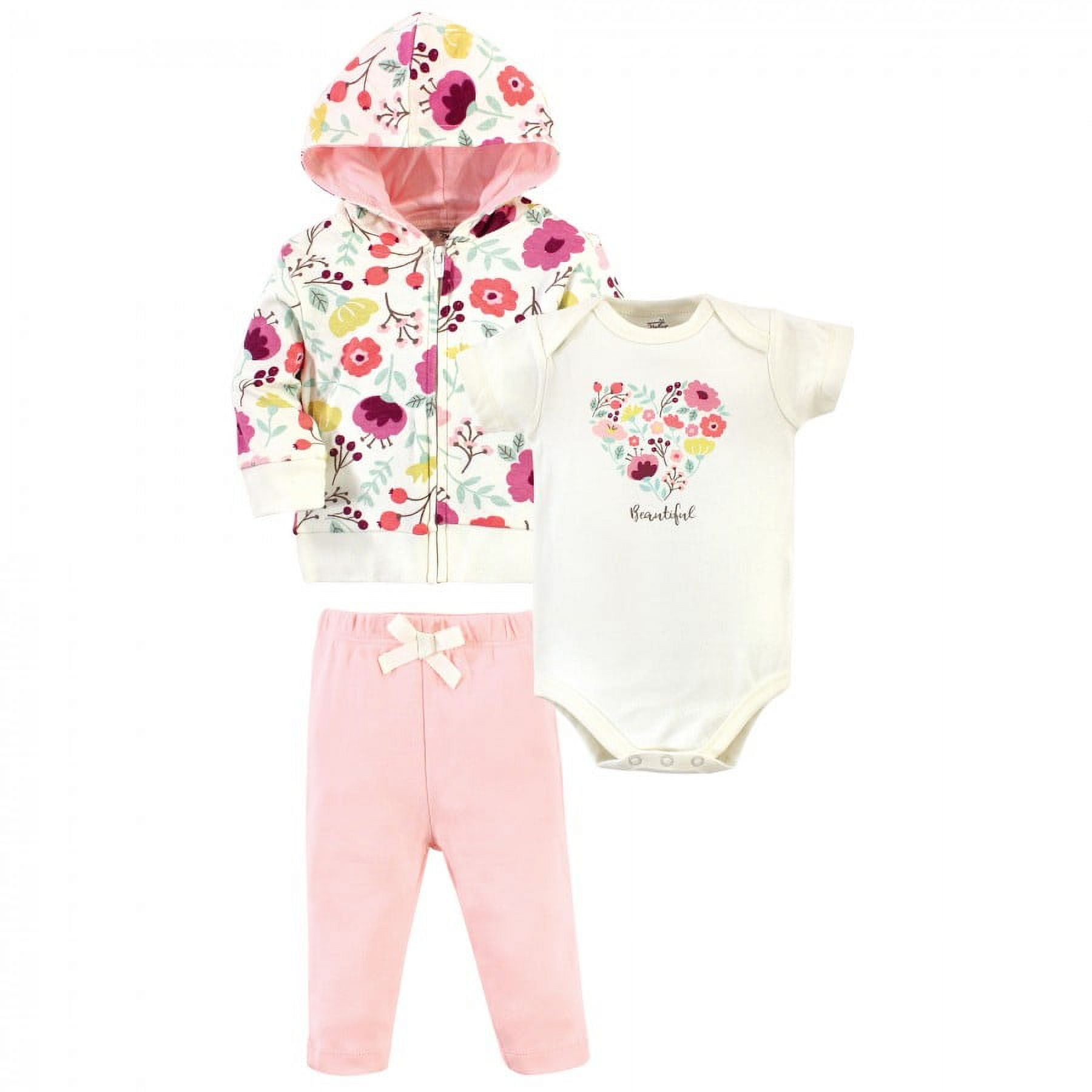 Touched by Nature Baby and Toddler Girl Organic Cotton Hoodie, Bodysuit or Tee Top, and Pant, Botanical, 9-12 Months