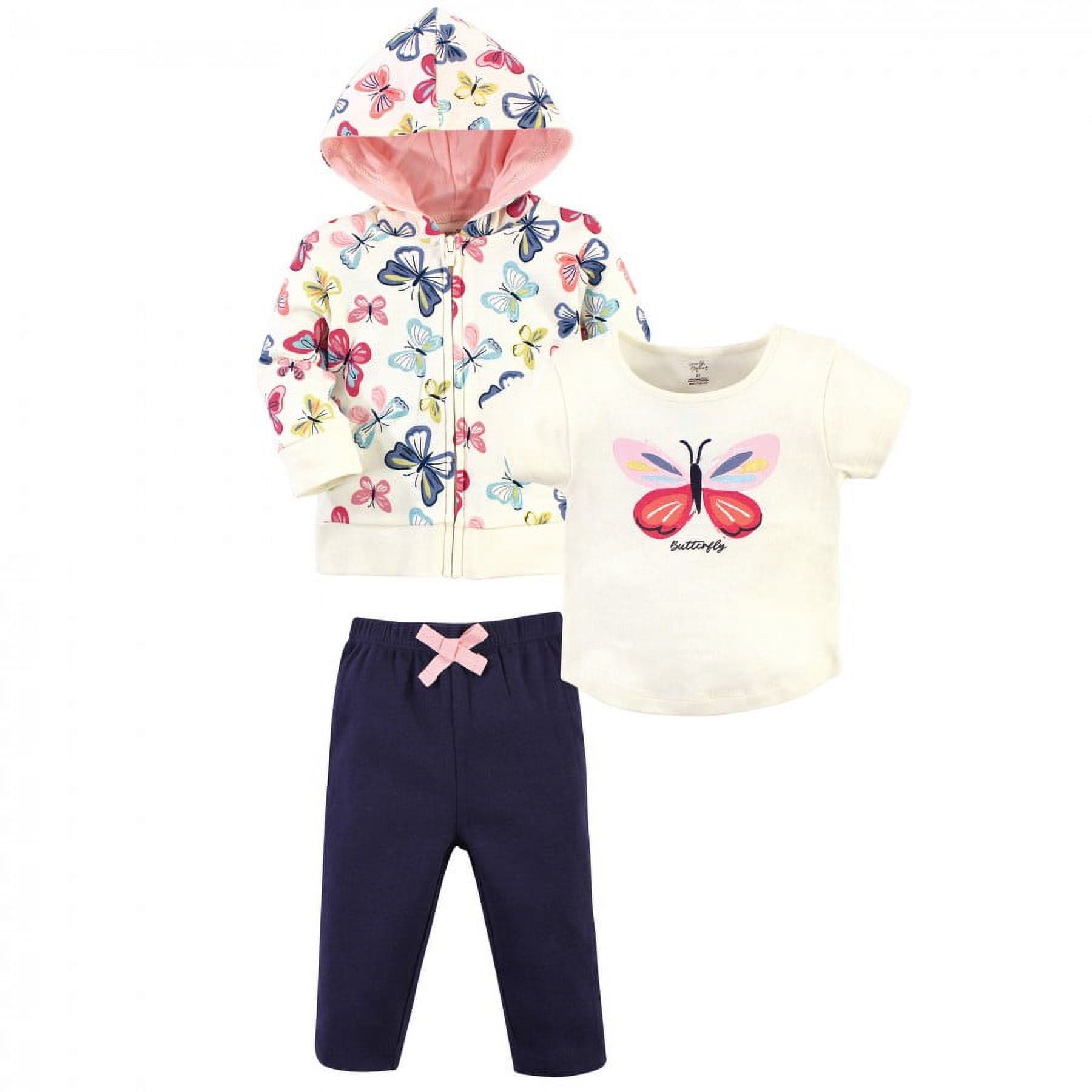 Touched by Nature Baby and Toddler Girl Organic Cotton Hoodie, Bodysuit or Tee Top, and Pant, Bright Butterflies Toddler, 2 Toddler