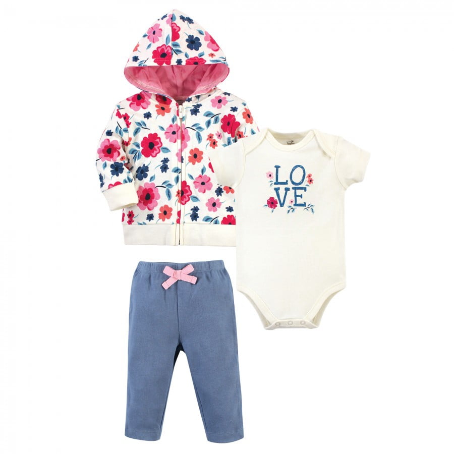 Touched by Nature Baby and Toddler Girl Organic Cotton Hoodie, Bodysuit or Tee Top, and Pant, Garden Floral, 18-24 Months