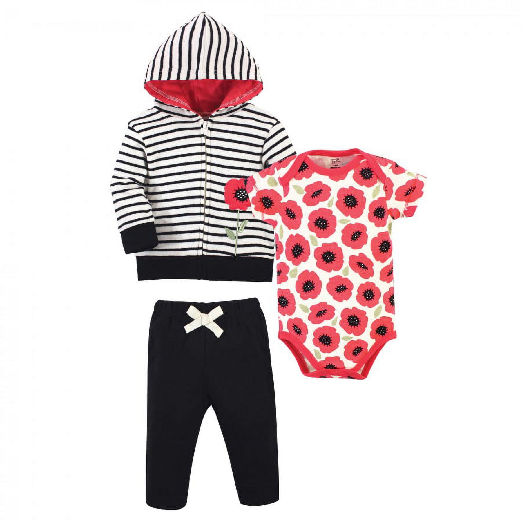Touched by Nature Baby and Toddler Girl Organic Cotton Hoodie, Bodysuit or Tee Top, and Pant, Poppy, 3-6 Months