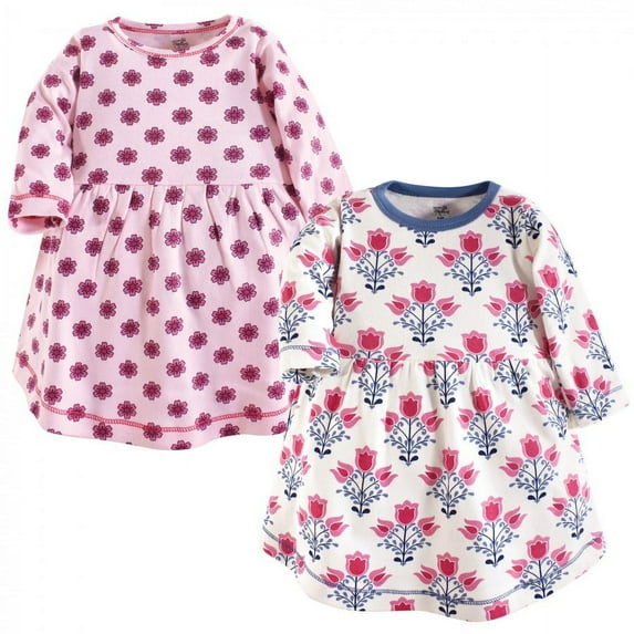 Touched by Nature Baby and Toddler Girl Organic Cotton Long-Sleeve Dresses 2pk, Abstract Flower, 2 Toddler