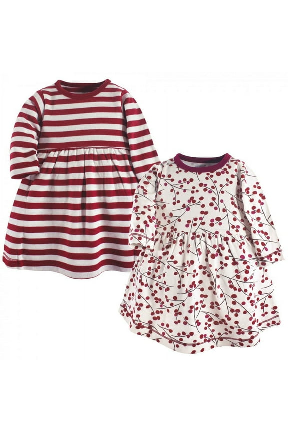 Baby and Toddler Girl Organic Cotton Long-Sleeve Dresses 2pk, Berry Branch, 0-3 Months