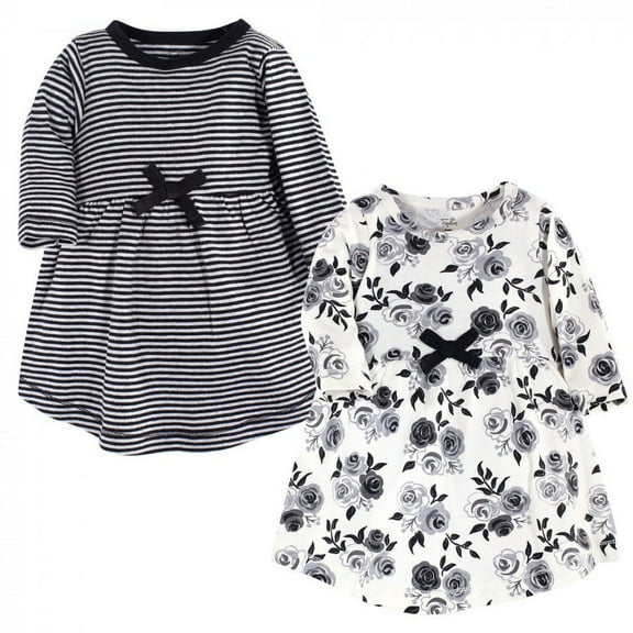 Touched by Nature Baby and Toddler Girl Organic Cotton Long-Sleeve Dresses 2pk, Black Floral, 0-3 Months