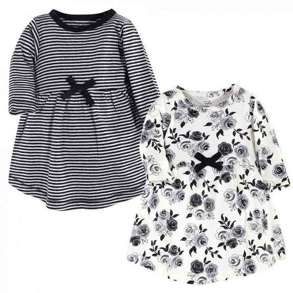Touched by Nature Baby and Toddler Girl Organic Cotton Long-Sleeve Dresses 2pk, Black Floral, 2 Toddler