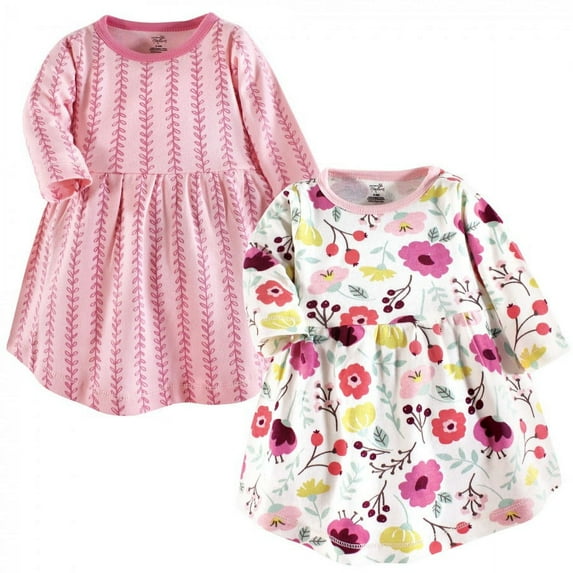 Touched by Nature Baby and Toddler Girl Organic Cotton Long-Sleeve Dresses 2pk, Botanical, 6-9 Months