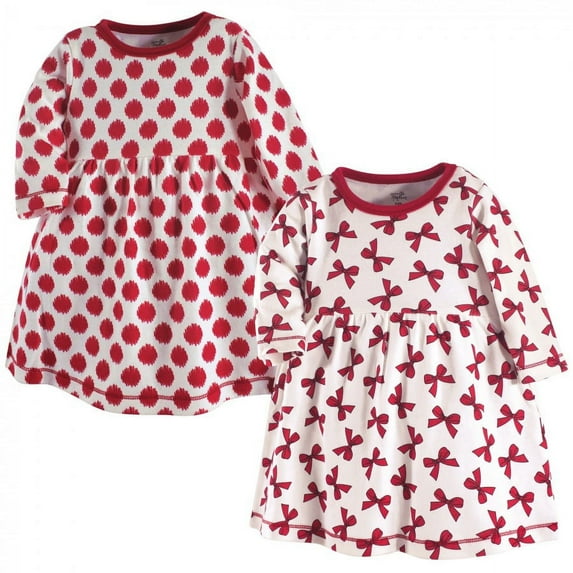 Touched by Nature Baby and Toddler Girl Organic Cotton Long-Sleeve Dresses 2pk, Bows, 9-12 Months