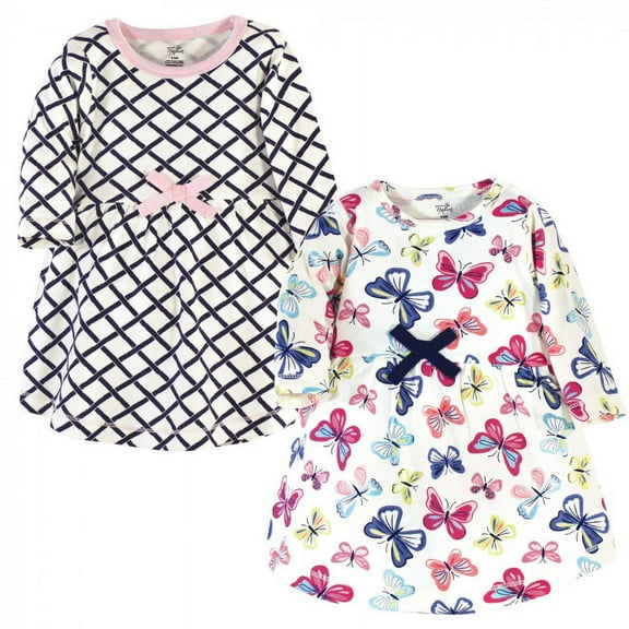 Touched by Nature Baby and Toddler Girl Organic Cotton Long-Sleeve Dresses 2pk, Bright Butterflies, 3-6 Months
