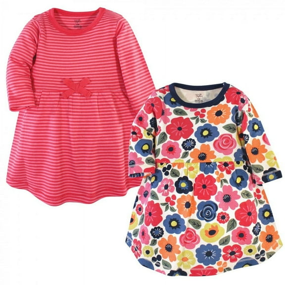 Touched by Nature Baby and Toddler Girl Organic Cotton Long-Sleeve Dresses 2pk, Bright Flowers, 6-9 Months