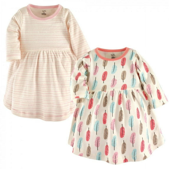 Touched by Nature Baby and Toddler Girl Organic Cotton Long-Sleeve Dresses 2pk, Feather, 3-6 Months