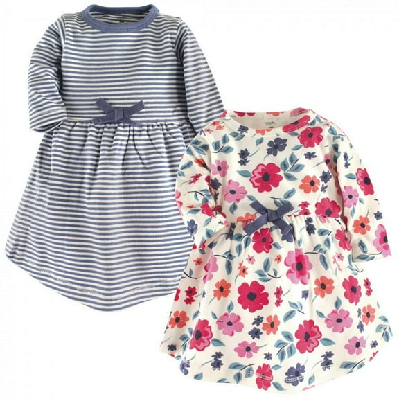 Touched by Nature Baby and Toddler Girl Organic Cotton Long-Sleeve Dresses 2pk, Garden Floral, 0-3 Months