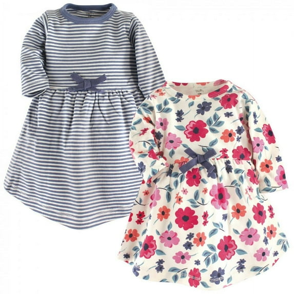 Touched by Nature Baby and Toddler Girl Organic Cotton Long-Sleeve Dresses 2pk, Garden Floral, 9-12 Months
