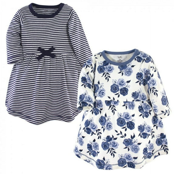 Touched by Nature Baby and Toddler Girl Organic Cotton Long-Sleeve Dresses 2pk, Navy Floral, 12-18 Months