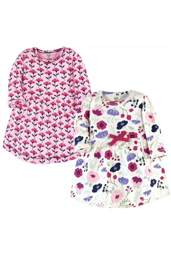 Baby and Toddler Girl Organic Cotton Long-Sleeve Dresses 2pk, Pink Botanical, 0-3 Months