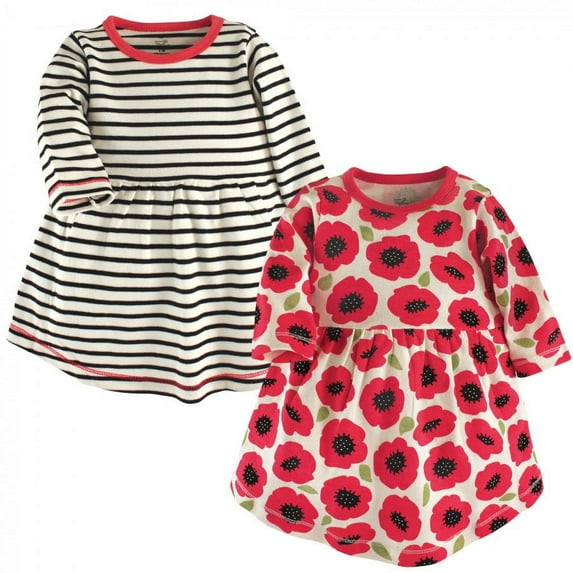 Touched by Nature Baby and Toddler Girl Organic Cotton Long-Sleeve Dresses 2pk, Poppy, 18-24 Months