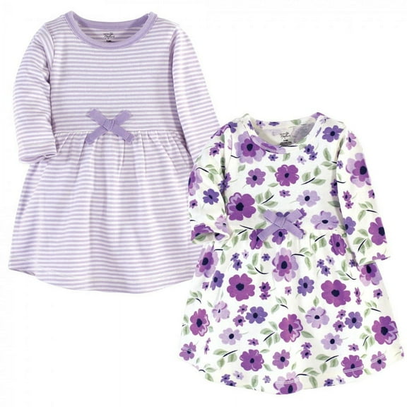 Touched by Nature Baby and Toddler Girl Organic Cotton Long-Sleeve Dresses 2pk, Purple Garden, 0-3 Months