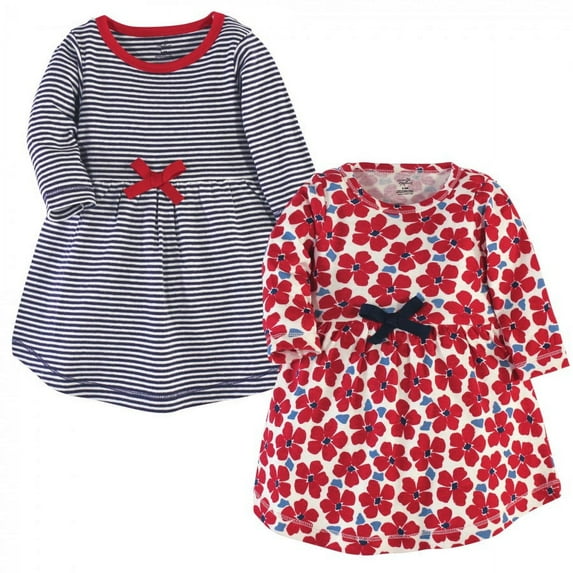 Touched by Nature Baby and Toddler Girl Organic Cotton Long-Sleeve Dresses 2pk, Red Flowers, 0-3 Months