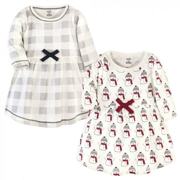 Touched by Nature Baby and Toddler Girl Organic Cotton Long-Sleeve Dresses 2pk, Snowman, 3 Toddler