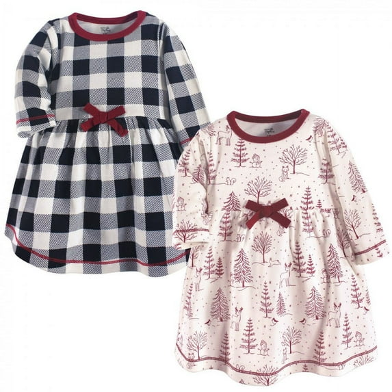 Touched by Nature Baby and Toddler Girl Organic Cotton Long-Sleeve Dresses 2pk, Winter Woodland, 2 Toddler
