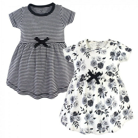 Touched by Nature Baby and Toddler Girl Organic Cotton Short-Sleeve Dresses 2pk, Black Floral, 0-3 Months