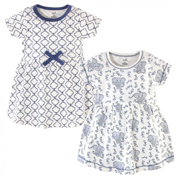 Touched by Nature Baby and Toddler Girl Organic Cotton Short-Sleeve Dresses 2pk, Blue Elephant, 3 Toddler
