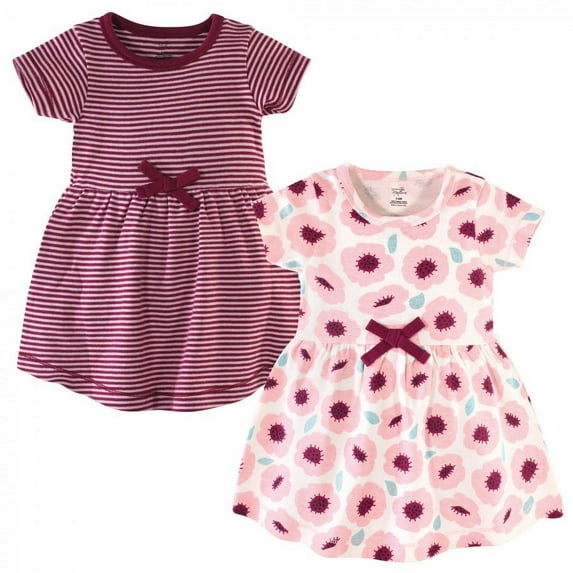 Touched by Nature Baby and Toddler Girl Organic Cotton Short-Sleeve Dresses 2pk, Blush Blossom, 12-18 Months