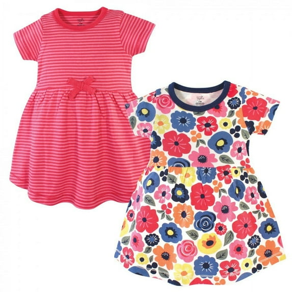 Touched by Nature Baby and Toddler Girl Organic Cotton Short-Sleeve Dresses 2pk, Bright Flower, 12-18 Months