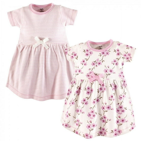 Touched by Nature Baby and Toddler Girl Organic Cotton Short-Sleeve Dresses 2pk, Cherry Blossom, 0-3 Months