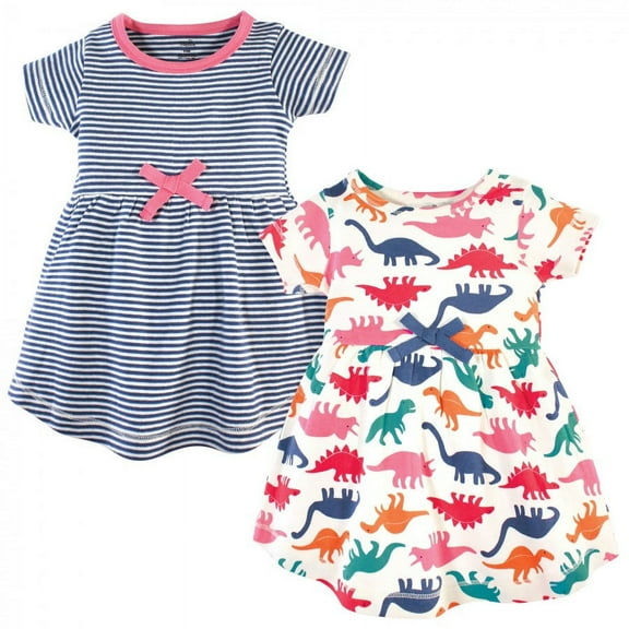 Touched by Nature Baby and Toddler Girl Organic Cotton Short-Sleeve Dresses 2pk, Dinosaurs, 4 Toddler