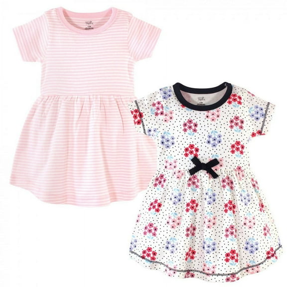Touched by Nature Baby and Toddler Girl Organic Cotton Short-Sleeve Dresses 2pk, Floral Dot, 2 Toddler
