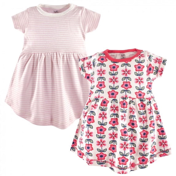 Touched by Nature Baby and Toddler Girl Organic Cotton Short-Sleeve Dresses 2pk, Flower, 4 Toddler