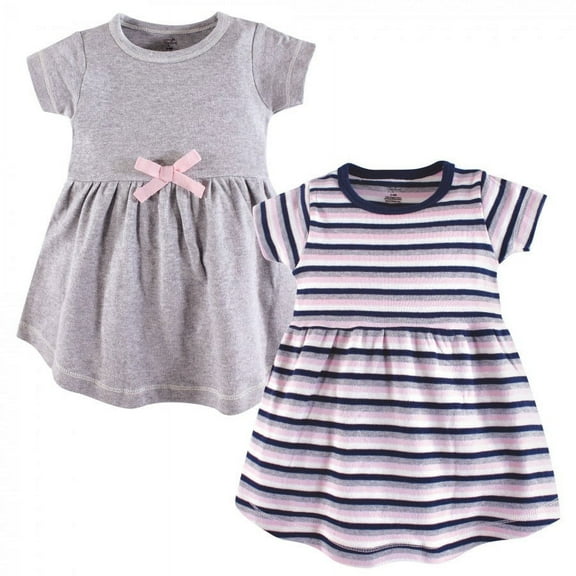 Touched by Nature Baby and Toddler Girl Organic Cotton Short-Sleeve Dresses 2pk, Heather Gray Stripe, 0-3 Months