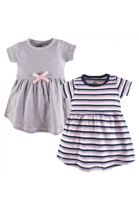 Baby and Toddler Girl Organic Cotton Short-Sleeve Dresses 2pk, Heather Gray Stripe, 18-24 Months