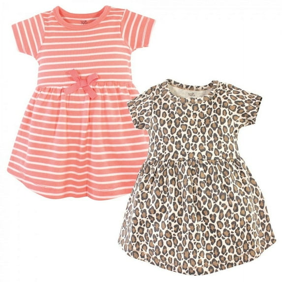 Touched by Nature Baby and Toddler Girl Organic Cotton Short-Sleeve Dresses 2pk, Leopard, 3 Toddler
