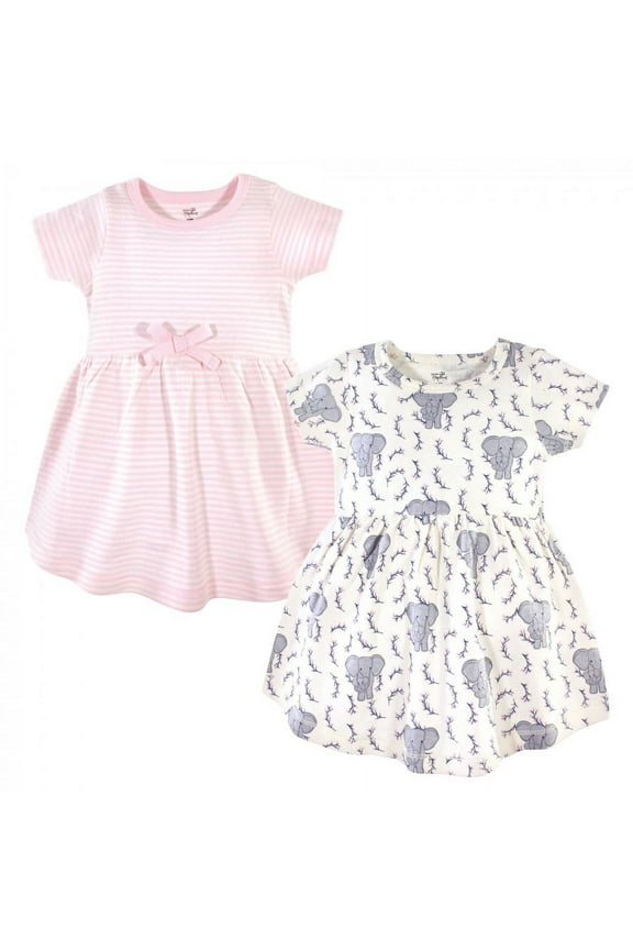Baby and Toddler Girl Organic Cotton Short-Sleeve Dresses 2pk, Pink Elephant, 0-3 Months