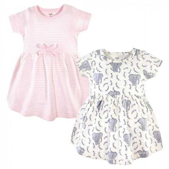 Touched by Nature Baby and Toddler Girl Organic Cotton Short-Sleeve Dresses 2pk, Pink Elephant, 12-18 Months