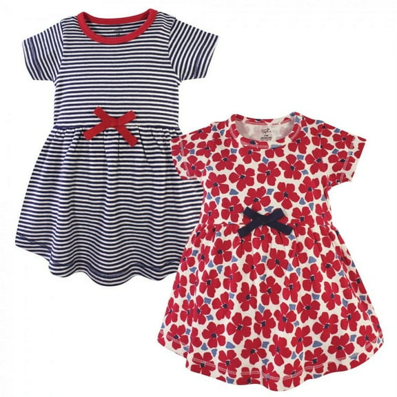 Touched by Nature Baby and Toddler Girl Organic Cotton Short-Sleeve Dresses 2pk, Red Flowers, 0-3 Months