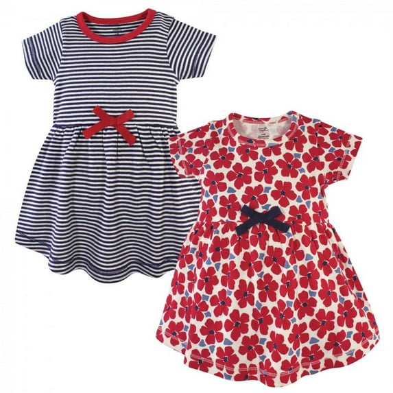 Touched by Nature Baby and Toddler Girl Organic Cotton Short-Sleeve Dresses 2pk, Red Flowers, 6-9 Months
