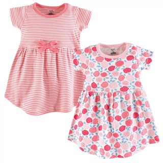 Touched by Nature Baby and Toddler Girl Organic Cotton Short-Sleeve Dresses  2pk, Rose and Berries, 9-12 Months 