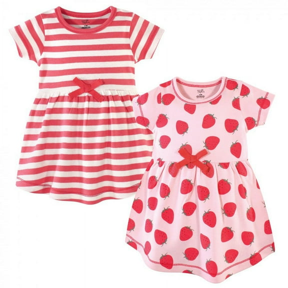 Touched by Nature Baby and Toddler Girl Organic Cotton Short-Sleeve Dresses 2pk, Strawberries, 0-3 Months