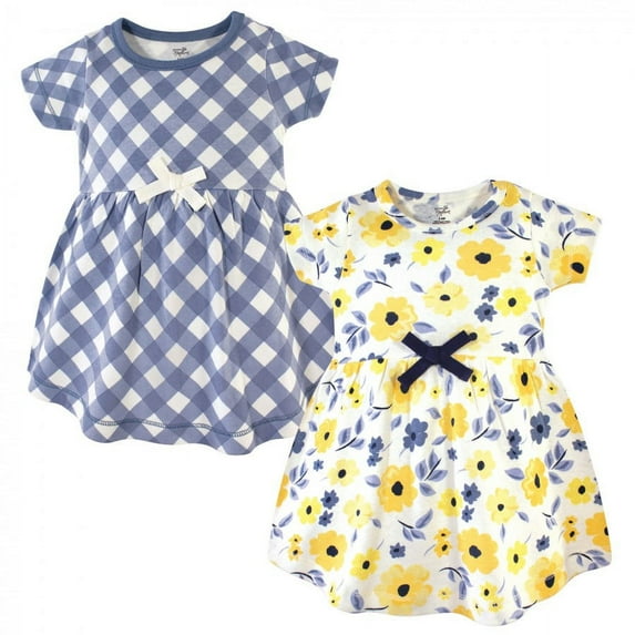 Touched by Nature Baby and Toddler Girl Organic Cotton Short-Sleeve Dresses 2pk, Yellow Garden, 18-24 Months