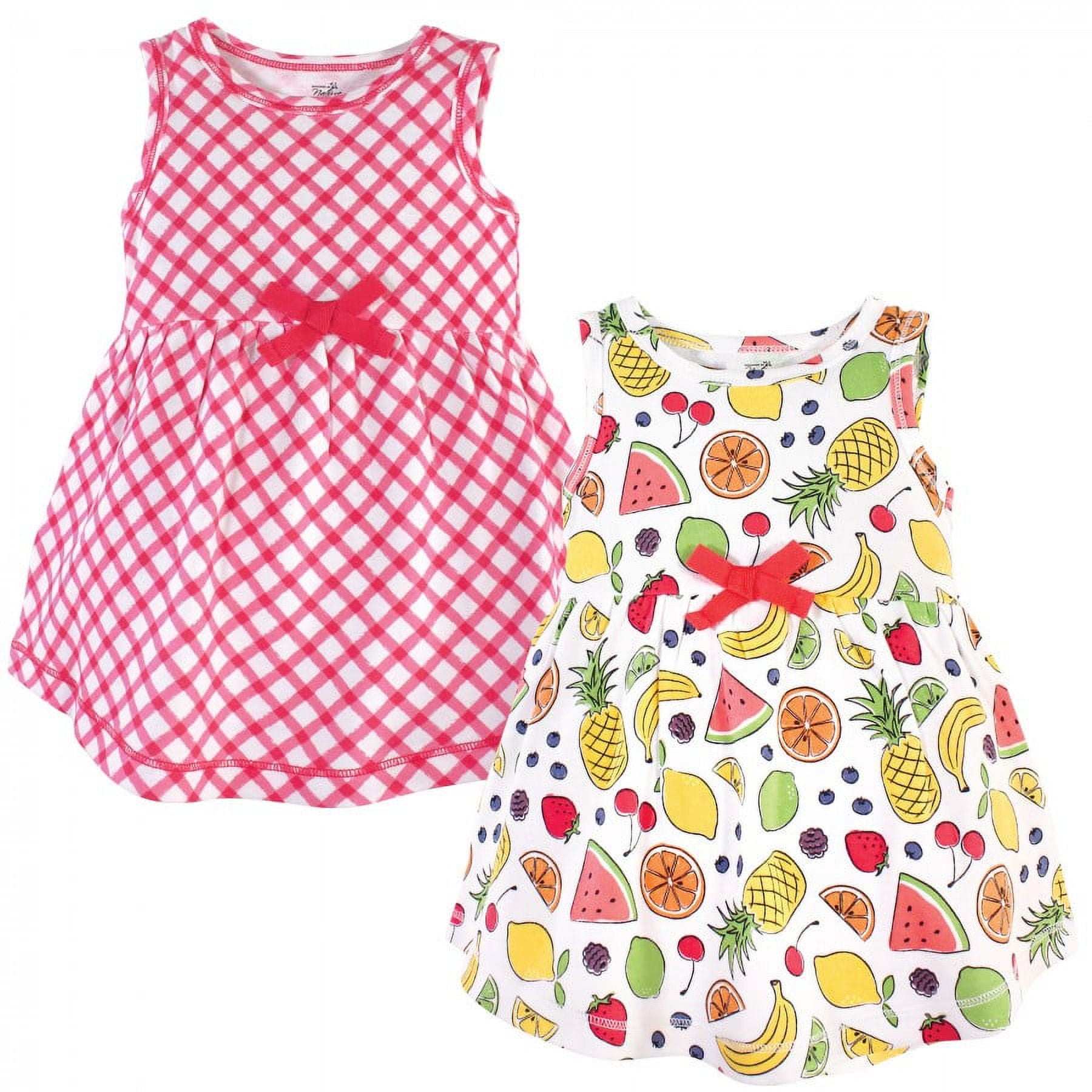 Touched by Nature Baby and Toddler Girl Organic Cotton Sleeveless Dresses 2pk, Fruit, 2 Toddler