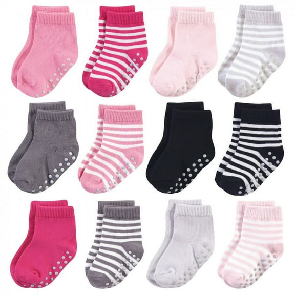 Touched by Nature Baby and Toddler Girl Organic Cotton Socks with Non-Skid Gripper for Fall Resistance, Pink, 2-4 Toddler