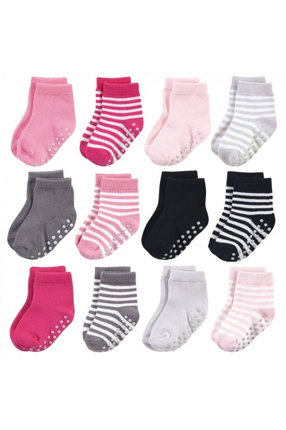 Baby and Toddler Girl Organic Cotton Socks with Non-Skid Gripper for Fall Resistance, Pink, 2-4 Toddler