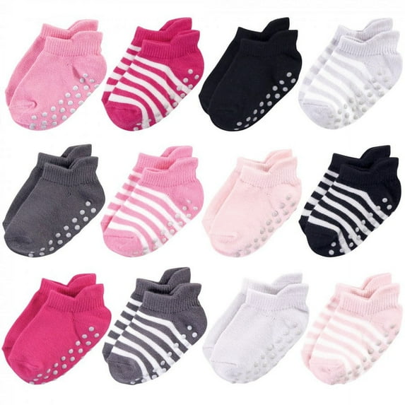 Touched by Nature Baby and Toddler Girl Organic Cotton Socks with Non-Skid Gripper for Fall Resistance, Pink Black, 12-24 Months