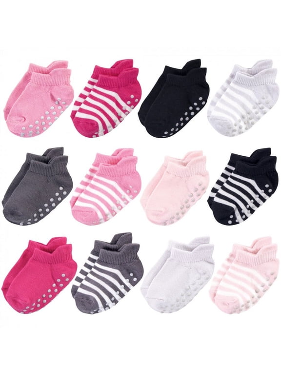 Baby and Toddler Girl Organic Cotton Socks with Non-Skid Gripper for Fall Resistance, Pink Black, 6-12 Months