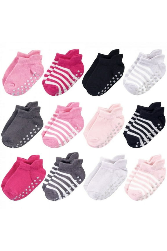 Baby and Toddler Girl Organic Cotton Socks with Non-Skid Gripper for Fall Resistance, Pink Black, 6-12 Months