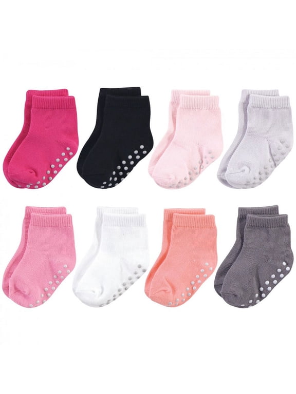 Baby and Toddler Girl Organic Cotton Socks with Non-Skid Gripper for Fall Resistance, Solid Black Pink, 12-24 Months