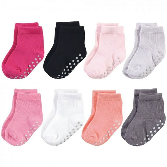 Touched by Nature Baby and Toddler Girl Organic Cotton Socks with Non-Skid Gripper for Fall Resistance, Solid Black Pink, 6-12 Months