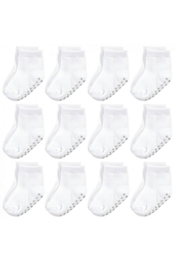 Baby and Toddler Organic Cotton Blend Socks with Non-Skid Gripper for Fall Resistance, White, 2-4 Toddler